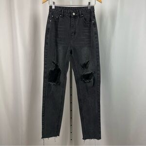 Grunge Size 26 High Waist Holes Distressed Raw Hem Goth Emo Jeans Punk Tapered